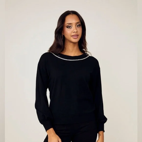Express Rhinestone Bow Embellished Convertible Sweater Black Holiday New Years - Picture 2 of 15